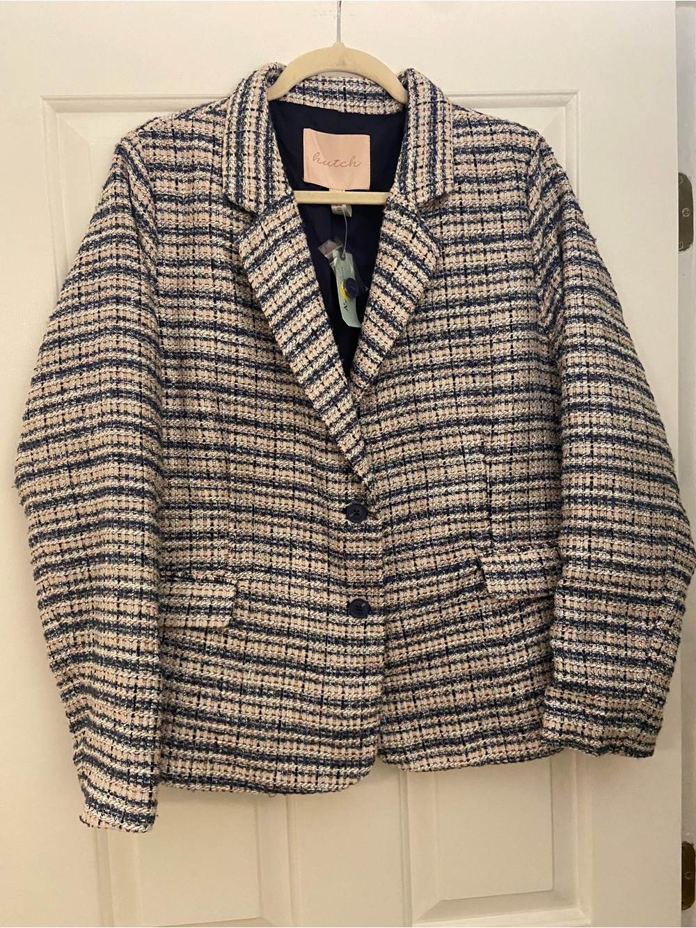 Hutch Women’s Plus Navy Blue, Tan, and Cream Tweed Blazer
